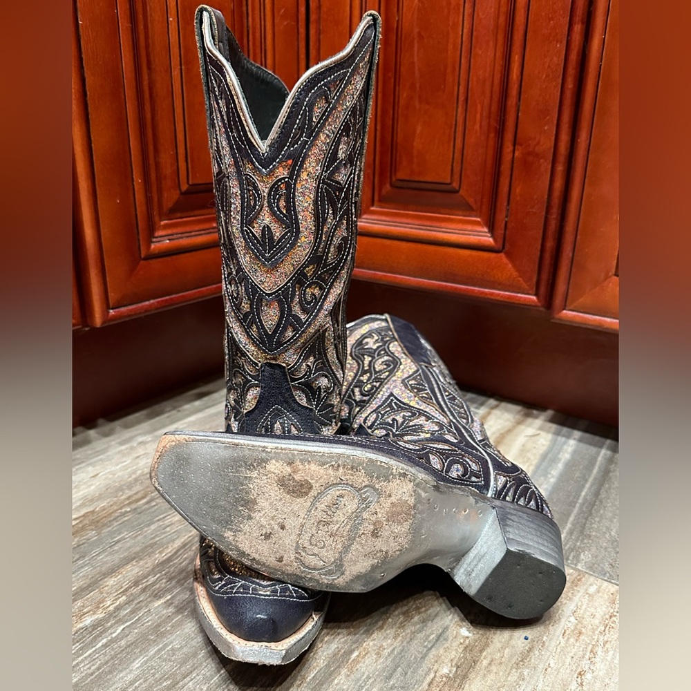 JB Dillon Black Glitter Inlay Sparkle Cowboy Boots Size 7.5 RARE Wedding Cowgirl - Picture 10 of 14